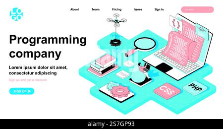 Programming company isometric concept. Programmer writes code, develops and configures programs, creates software, line flat isometry web banner. Vector illustration in 3d design for landing page Stock Vector