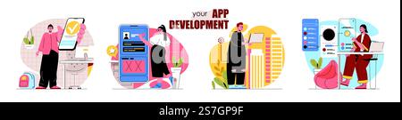 App development concept scenes set. Developers create mobile software, application interfaces, optimize products. Collection of people activities. Vector illustration of characters in flat design Stock Vector