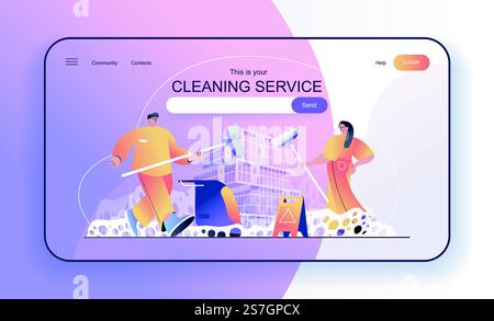 This is your Cleaning Service concept for landing page. Cleaning company employees clean office spaces or do housework web banner template. Vector illustration in flat cartoon design for web page Stock Vector