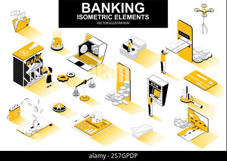 Banking services bundle of isometric elements. Digital wallet, bank building, credit card, mobile app, atm terminal, payment isolated icons. Isometric vector illustration kit with people characters. Stock Vector