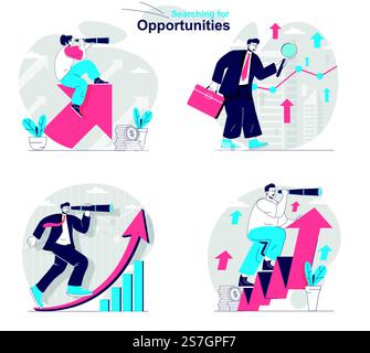Searching opportunity concept set. Businessmen developing career and business. People isolated scenes in flat design. Vector illustration for blogging, website, mobile app, promotional materials. Stock Vector