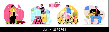 Hobby concept scenes set. Women walking dog or ride bike. Men building house of cards or learn to playing guitar. Collection of people activities. Vector illustration of characters in flat design Stock Vector