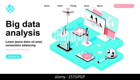 Big data analysis isometric concept. Analyst presents report of business statistics, company indicators development, line flat isometry web banner. Vector illustration in 3d design for landing page Stock Vector
