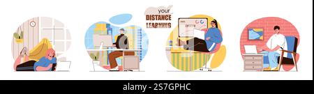 Distance learning concept scenes set. Students studying on laptops, homeschooling, online education, e-learning. Collection of people activities. Vector illustration of characters in flat design Stock Vector