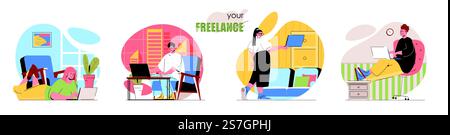 Freelance concept scenes set. Remote workers work on laptops online, freelance, home office, comfortable workplace. Collection of people activities. Vector illustration of characters in flat design Stock Vector