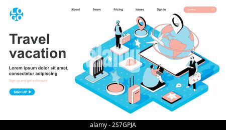Travel vacation isometric concept. Travelers with luggage go on vacation, tourist trip, flight by plane, world tourism, line flat isometry web banner. Vector illustration in 3d design for landing page Stock Vector
