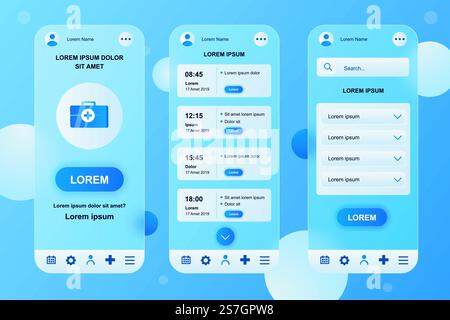 Medical services neumorphic elements kit for mobile app. Online account, doctor schedule, appointment, consultation. UI, UX, GUI screens set. Vector illustration of templates in glassmorphic design Stock Vector