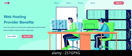 Web Hosting Providers Benefits banner concept. Online administrators team working in computer web data center server landing page template. Vector illustration with people characters in flat design Stock Vector