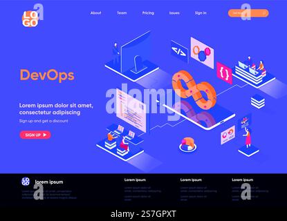 DevOps isometric landing page. Development operations, administration and monitoring isometry concept. Programming and engineering service flat web page. Vector illustration with people characters. Stock Vector