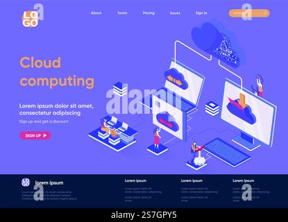 Cloud computing isometric landing page. Hosting platform, big data processing, cloud database administration isometry web page. Website flat template, vector illustration with people characters. Stock Vector