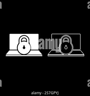 Laptop lock personal data security cyber access concept locked padlock use set icon white color vector illustration image simple solid fill outline contour line thin flat style. Laptop lock personal data security cyber access concept locked padlock use set icon white color vector illustration image solid fill outline contour line thin flat style Stock Vector