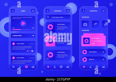 Video tube neumorphic elements kit for mobile app. Video playlist, multimedia content, feedback, webpage navigation. UI, UX, GUI screens set. Vector illustration of templates in glassmorphic design Stock Vector