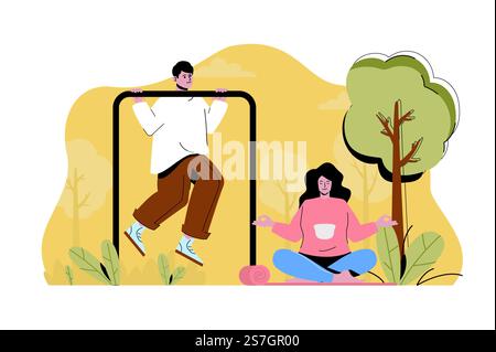 Outdoor training concept. Man exercises on horizontal bar, woman meditates situation. Healthy lifestyle people scene. Vector illustration with flat character design for website and mobile site Stock Vector