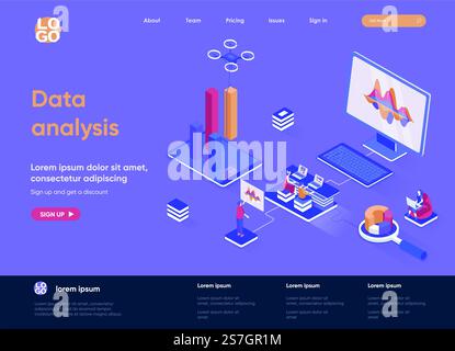 Data analysis isometric landing page. Financial data analysis, management and optimization, database structuring isometry web page. Website flat template, vector illustration with people characters. Stock Vector