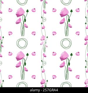 Summer flowers and leaves pattern seamless. Delicate red poppies and petals with curls by geometric shapes circles endless ornate. Elegant botanical wallpaper. Vector illustration with floral texture Stock Vector