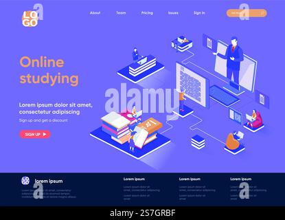 Online studying isometric landing page. Distance learning, online education, professional seminars and courses isometry web page. Website flat template, vector illustration with people characters. Stock Vector