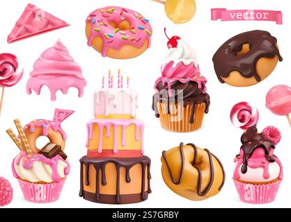 Sweets 3d vector realistic objects. Cupcakes, cake, donuts, candy. Food icons Stock Vector