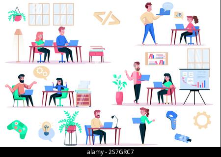 Game developer working isolated elements set. Bundle of men and women programmers write code, customize application, work in gaming industry. Creator kit for vector illustration in flat cartoon design Stock Vector