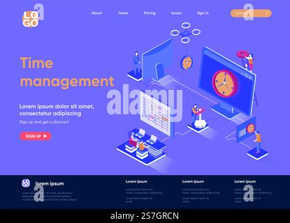 Time management isometric landing page. Effective planning workflow and performing tasks isometry concept. Adherence to deadlines, high work productivity. Vector illustration with people characters. Stock Vector