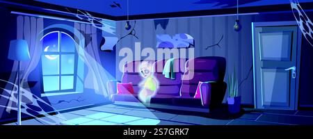 Halloween landing page. Ghost in abandoned old house. Ruined room interior with cobwebs, messy furniture and moonlit window. Spooky scene for holiday web banner background. Cartoon vector illustration Stock Vector