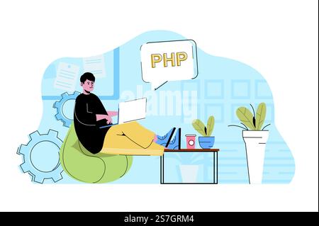 Software development concept. Programmer writes code, develops programs situation. Developer working in office people scene. Vector illustration with flat character design for website and mobile site Stock Vector