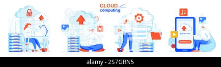 Cloud computing concept set. Cloud service server for storing and processing data. People isolated scenes in flat design. Vector illustration for blogging, website, mobile app, promotional materials. Stock Vector