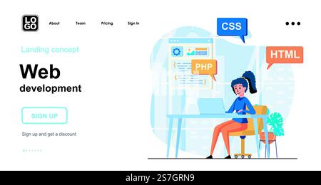 Web development web concept. Woman writes code in different program languages, creates page layout. Template of people scene. Vector illustration with character activities in flat design for website Stock Vector