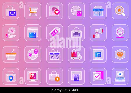 Commerce web glassmorphic icons set. Pack outline pictograms of online shopping, payment, megaphone, discount sales, delivery service, quality, protection, retail and other. Vector line glass symbols Stock Vector