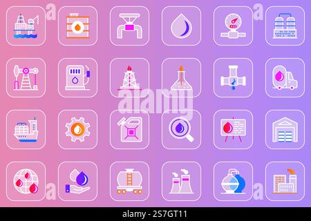 Industry web glassmorphic icons set. Pack outline pictograms of oil refinery and equipment, production, storage and transportation of gasoline, filling station and other. Vector line glass symbols Stock Vector