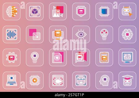 Artificial intelligence web glassmorphic icons set. Pack outline pictograms of machine learning, virtual reality, smart robots, computer circuits and microchips and other. Vector line glass symbols Stock Vector