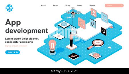 App development isometric concept. Developer creates layout with buttons for mobile application, usability interface, line flat isometry web banner. Vector illustration in 3d design for landing page Stock Vector