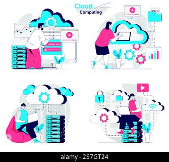 Data center concept scenes set. Technicians work at server racks room ...