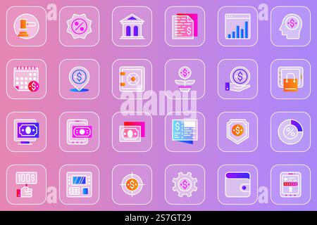 Online banking web glassmorphic icons set. Pack outline pictograms of auction, financial statistics, savings protection, investment, money exchange, accounting and other. Vector line glass symbols Stock Vector