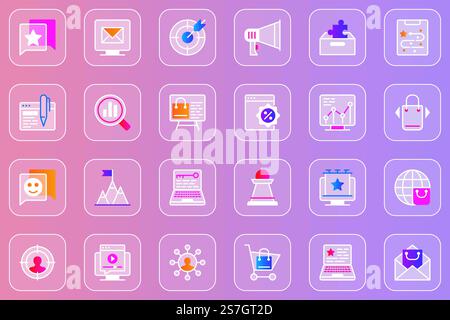 Digital marketing web glassmorphic icons set. Pack outline pictograms of email newsletter, targeting, megaphone , successful strategy, data analysis, customer buys and other. Vector line glass symbols Stock Vector