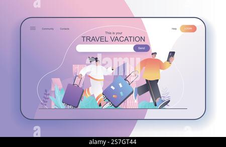 This is your Travel Vacation concept for landing page. Couple with suitcases traveling, travelers with luggage go on trip web banner template. Vector illustration in flat cartoon design for web page Stock Vector