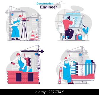 Construction engineer concept set. Surveyor, architect, builder and foreman work. People isolated scenes in flat design. Vector illustration for blogging, website, mobile app, promotional materials. Stock Vector