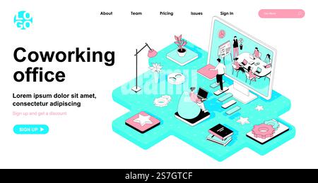 Coworking office isometric concept. Business meeting of company employees, freelancer works in open office workplace, line flat isometry web banner. Vector illustration in 3d design for landing page Stock Vector