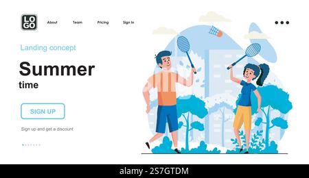 Summer time web concept. Man and woman play tennis in city park, couple go in for sports together. Template of people scene. Vector illustration with character activities in flat design for website Stock Vector