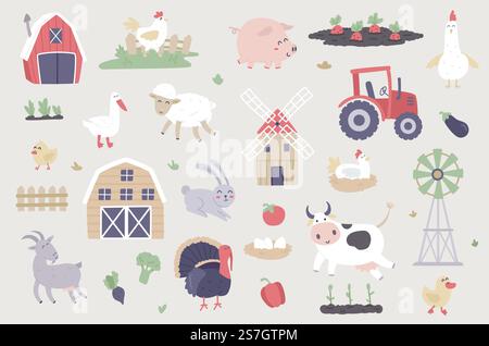 Livestock farm isolated objects set. Collection of pig, cow, sheep, goat, chicken, goose, turkey, rabbit, tractor, vegetables in garden, farming. Vector illustration of design elements in flat cartoon Stock Vector