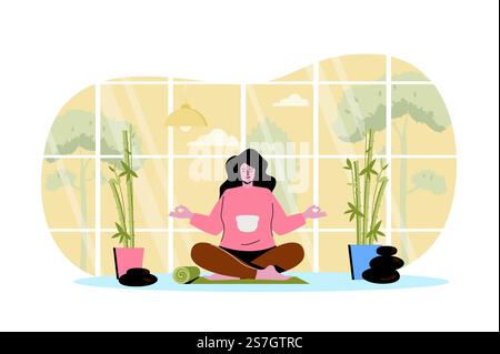 Yoga at home web character concept. Woman meditates sitting in lotus position, practices asana, trains mindfulness, relaxes, isolated scene with persons. Vector illustration with people in flat design Stock Vector