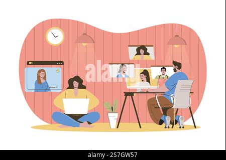 Video chatting web character concept. Woman and man talking on video conference, online meeting with friends or colleagues isolated scene with persons. Vector illustration with people in flat design Stock Vector