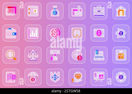 Business finance web glassmorphic icons set. Pack outline pictograms of investment, bank loan, financial statistics, tax payment, growth graph, savings, profit and other. Vector line glass symbols Stock Vector