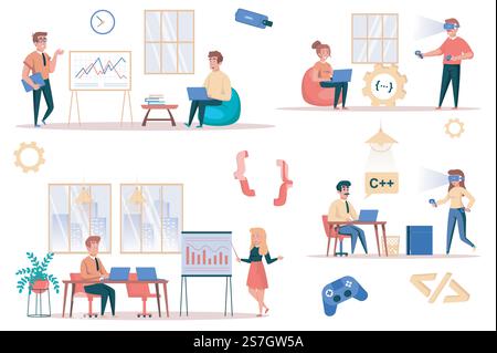 Game developer working isolated elements set. Bundle of employees analyze data, programmers write code, work on projects, gaming industry. Creator kit for vector illustration in flat cartoon design Stock Vector