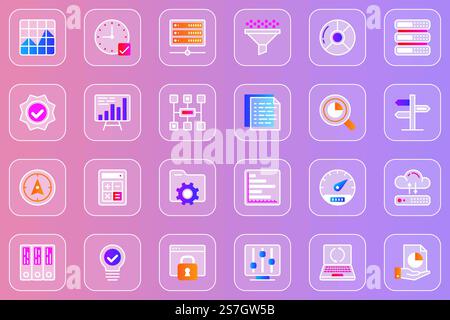Big data analysis web glassmorphic icons set. Pack outline pictograms of graphs and charts, business statistics, accounting, data base, cloud computing, settings and other. Vector line glass symbols Stock Vector