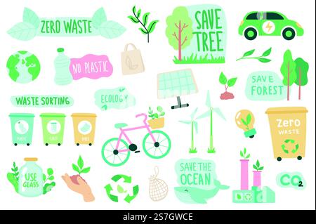 Ecology and zero waste isolated objects set. Collection of eco friendly quotes, green renewable energy, waste sorting, transport and industry. Vector illustration of design elements in flat cartoon Stock Vector