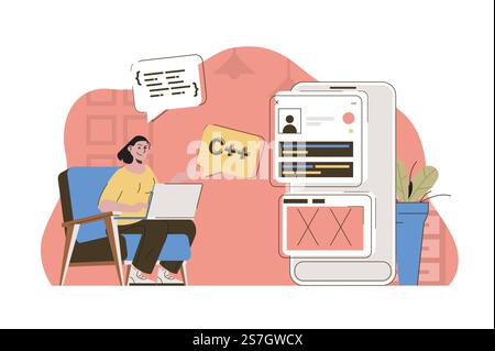Programming concept. Woman working, writing code, testing program at office situation. Software development people scene. Vector illustration with flat character design for website and mobile site Stock Vector