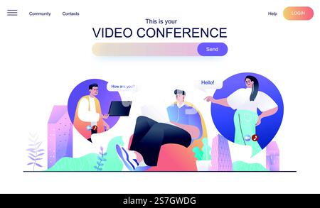 Video conference web concept for landing page. Man talking with friends on video chat, making online call using laptop at home banner template. Vector illustration for web page in flat cartoon design Stock Vector