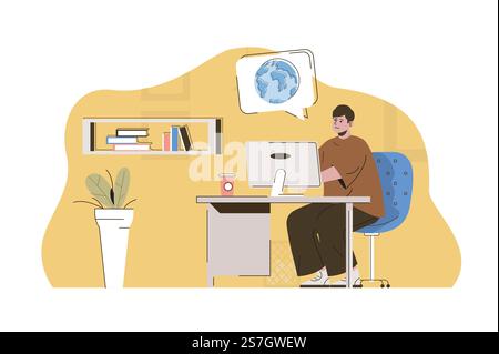Foreign education concept. Student studies at computer at foreign university situation. Online learning people scene. Vector illustration with flat character design for website and mobile site Stock Vector