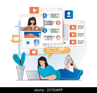 Social network concept in modern flat design. Woman chatting with friends, likes posts and browsing social media using laptop at home. Online communication and virtual community. Vector illustration Stock Vector