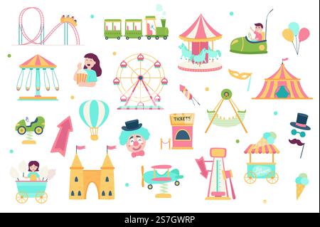 Sticker set of amusement park objects and cartoon characters ...